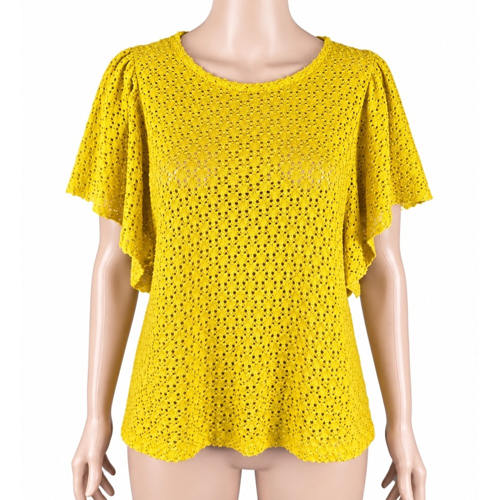 Texture & Thread Madewell Yellow Crochet Flutter Sleeve Top Size L